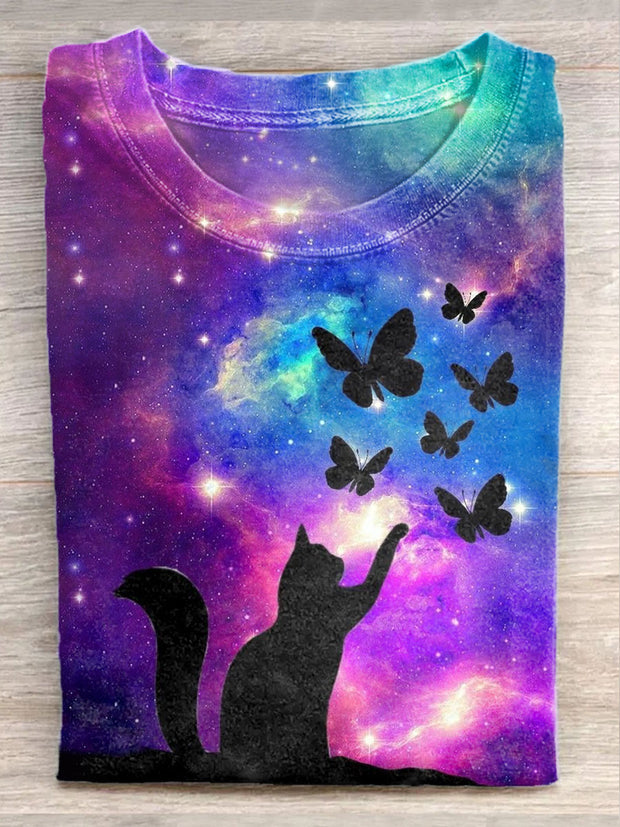 Unisex Cat Starry Sky Art Illustration Pattern Casual Round Neck T-Shirt