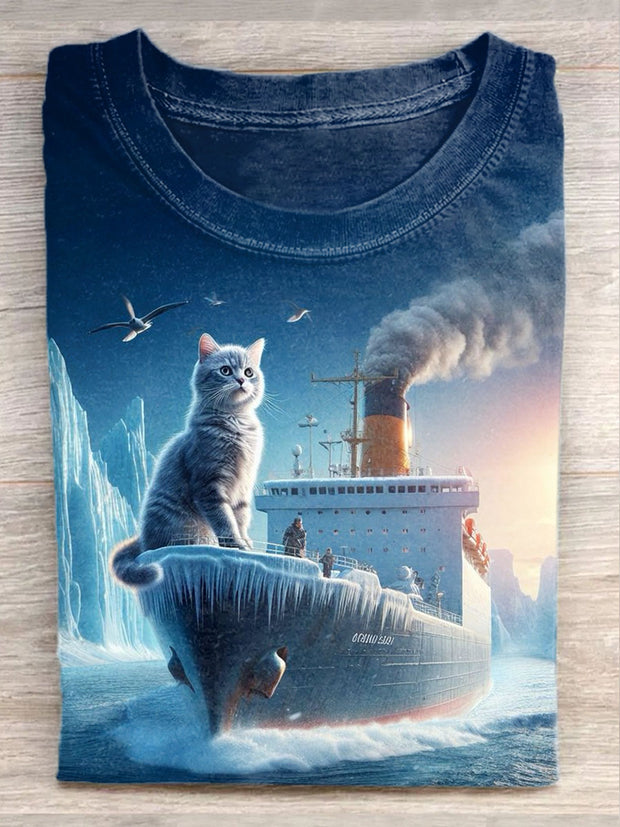 Unisex Pirate Cat Art Illustration Print Casual Round Neck T-Shirt