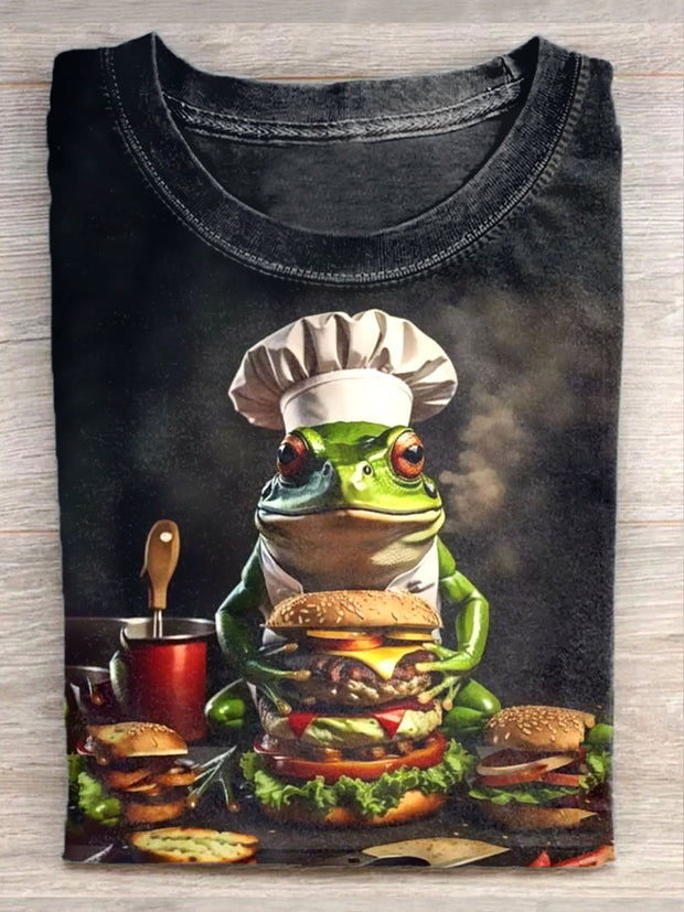 Unisex Frog Chef Art Illustration Print Casual Round Neck T-Shirt