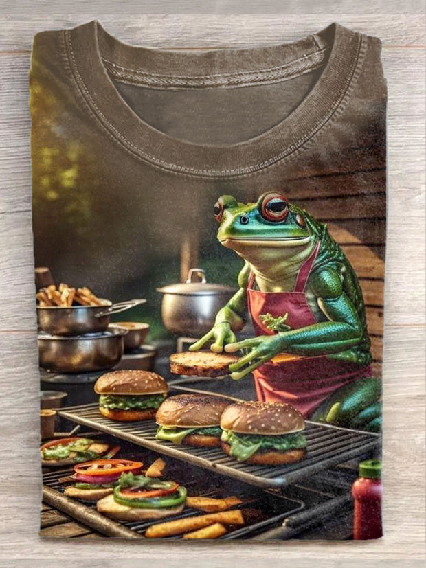 Unisex Frog Chef Art Illustration Print Casual Round Neck T-Shirt