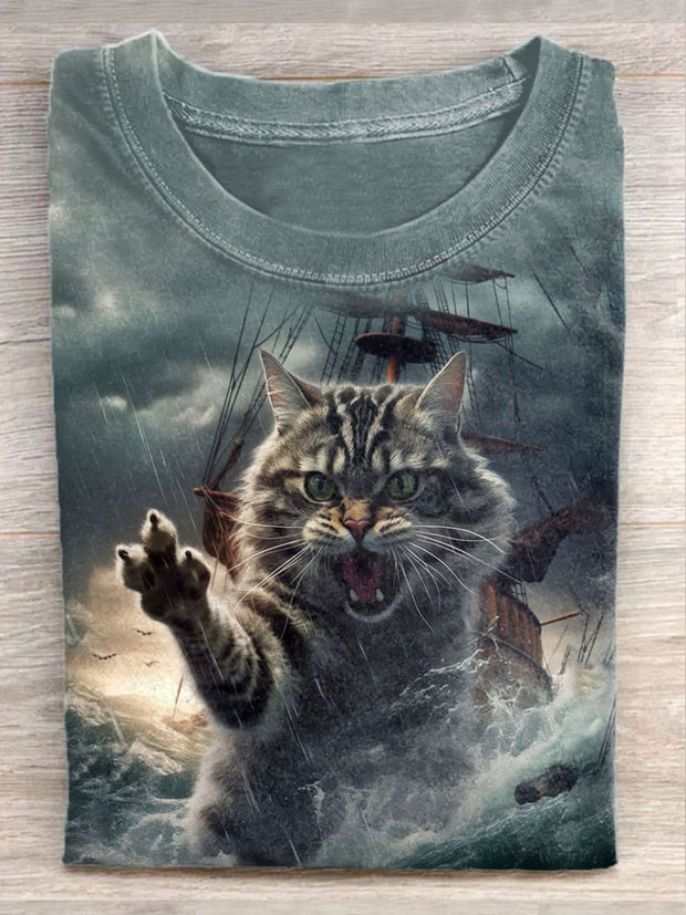 Unisex Pirate Cat Art Illustration Print Casual Round Neck T-Shirt