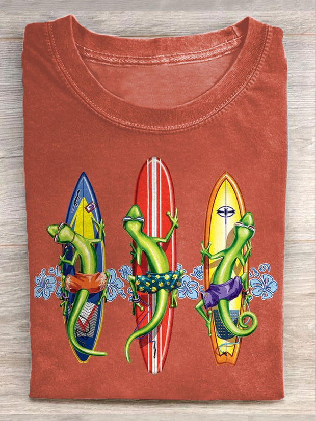 Unisex Funny Lizard Surfboard Art Illustration Print Casual T-Shirt