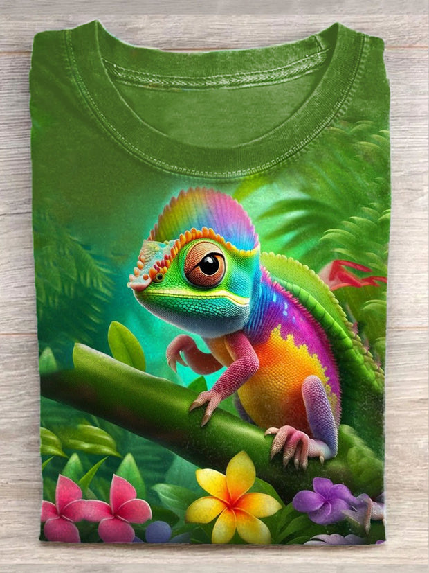 Unisex Chameleon Art Illustration Print Casual Round Neck T-Shirt