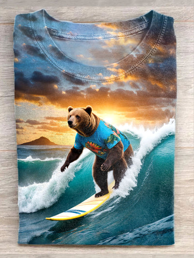 Unisex Funny Bear Surf Art Illustration Print Casual Round Neck T-Shirt