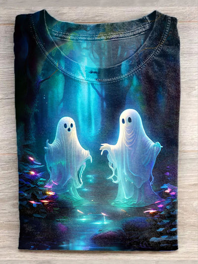 Unisex Cute Ghost Art Illustration Print Casual Round Neck T-Shirt