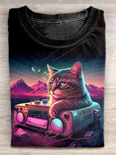 Unisex Fantasy Music Cat Art Illustration Printed Casual T-Shirt