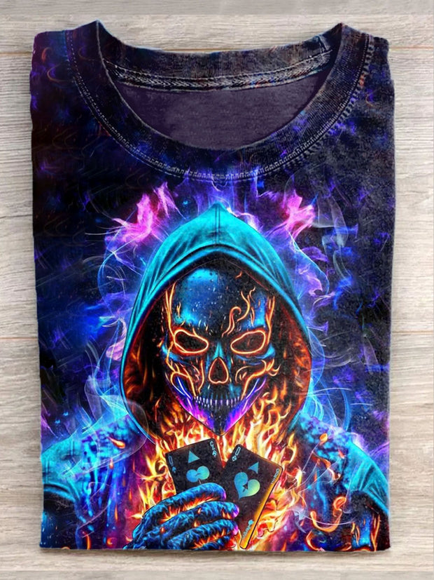 Unisex Cyberpunk Skull Poker Art Illustration Print Casual T-Shirt