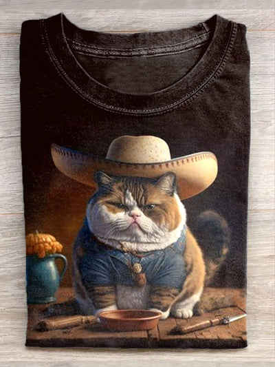 Unisex Western Cowboy Cat Art Illustration Print Casual T-Shirt