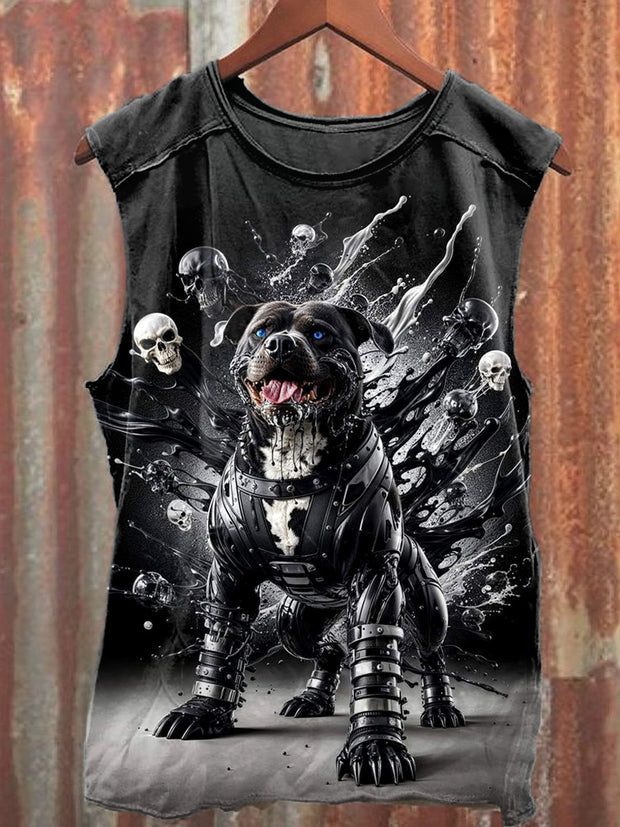 Unisex Mechanical Bully Dog Illustration Printed Casual Cotton Tank Top