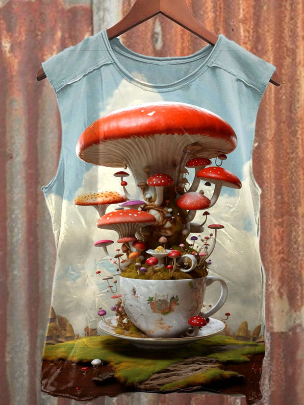 Unisex Teacup Mushroom Art Illustration Printed Casual Cotton Tank Top