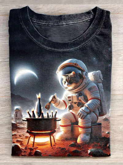 Unisex Space Fishing Art Illustration Printed Casual Cotton T-Shirt