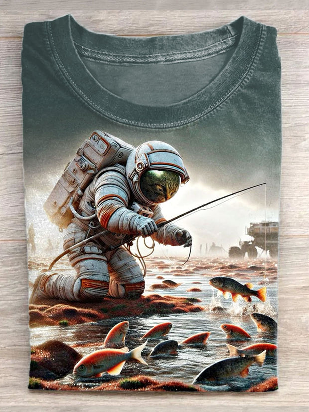 Unisex Space Fishing Art Illustration Printed Casual Cotton T-Shirt