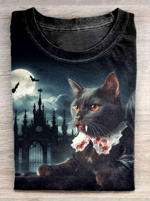 Unisex Vampire Cat Art Illustration Printed Casual Cotton T-shirt