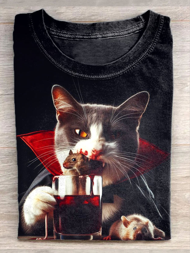 Unisex Vampire Cat Art Illustration Printed Casual Cotton T-shirt