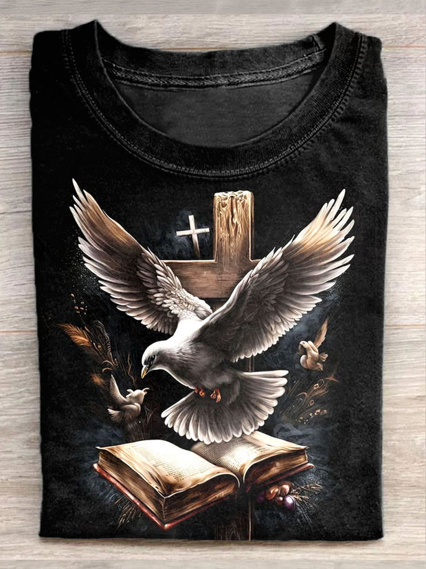 Unisex Peace Dove Art Illustration Printed Casual Cotton Round Neck T-Shirt