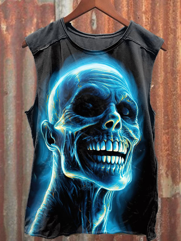 Unisex Psychedelic Skull Art Illustration Printed Casual Cotton Tank Top