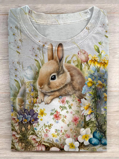 Unisex Easter Cute Bunny Illustration Print Casual T-Shirt