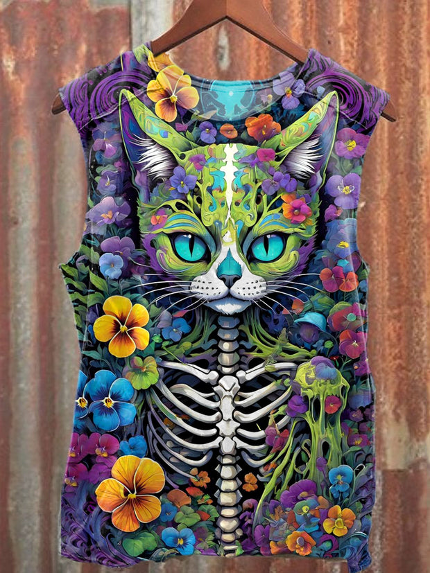 Unisex Skull Cat Art Illustration Printed Casual Cotton Tank Top