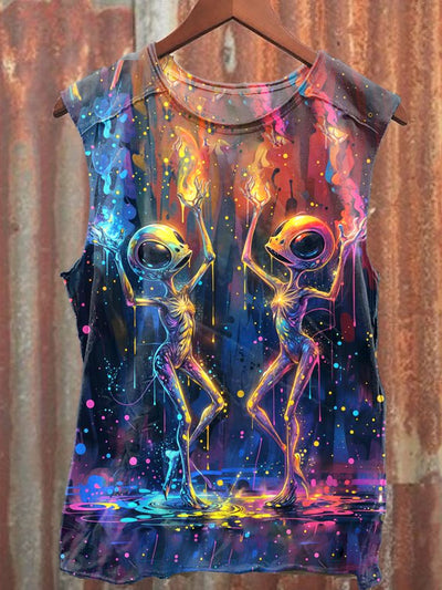 Unisex Alien Disco Art Illustration Printed Casual Cotton Tank Top