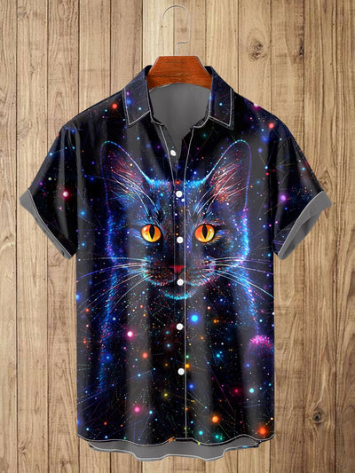 Men's Fantasy Star Cat Art Illustration Printed Casual Short Sleeve Shirt