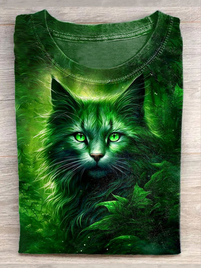 Unisex Fantasy Green Cat Art Illustration Casual Cotton Round Neck T-Shirt