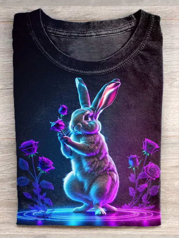 Unisex Fantasy Rabbit Art Illustration Printed Casual Cotton T-Shirt