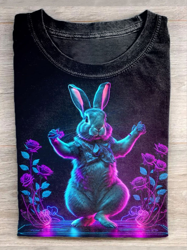 Unisex Fantasy Rabbit Art Illustration Printed Casual Cotton T-Shirt