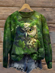 Fierce Owl Illustration Print Casual Crew Neck Sweatshirt