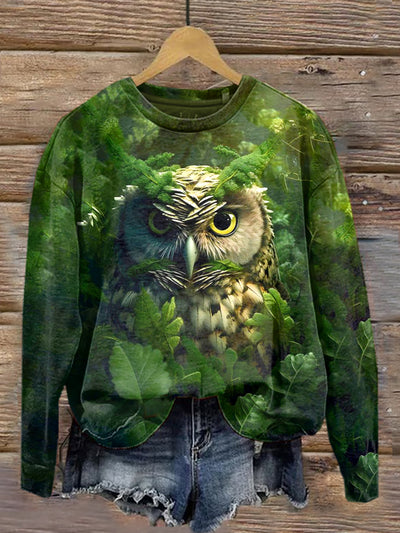 Fierce Owl Illustration Print Casual Crew Neck Sweatshirt