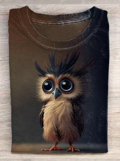 Unisex Cute Owl Illustration Printed Casual Round Neck T-Shirt