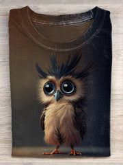 Unisex Cute Owl Illustration Printed Casual Round Neck T-Shirt