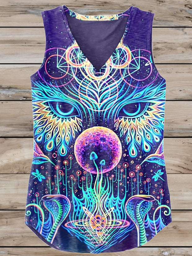 Women's Vintage Mandala Owl Print Casual V-Neck Tank Top