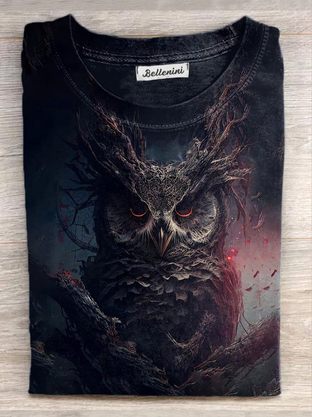 Unisex Fierce Owl Illustration Print Casual Round Neck T-Shirt