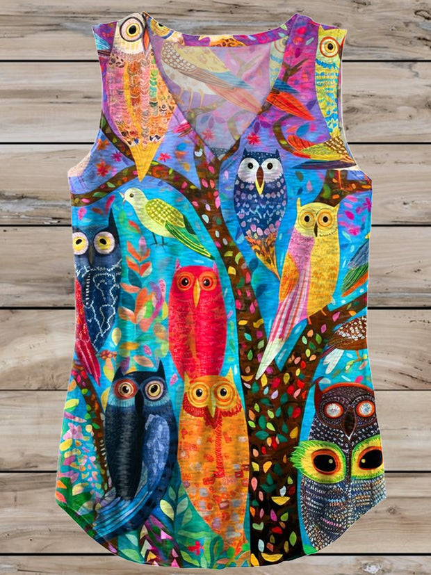 Women's Retro Owl Art Painting Print Casual V-Neck Tank Top