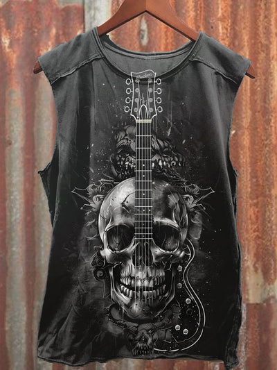 Unisex Guitar Skull Art Illustration Print Casual Cotton Tank Top