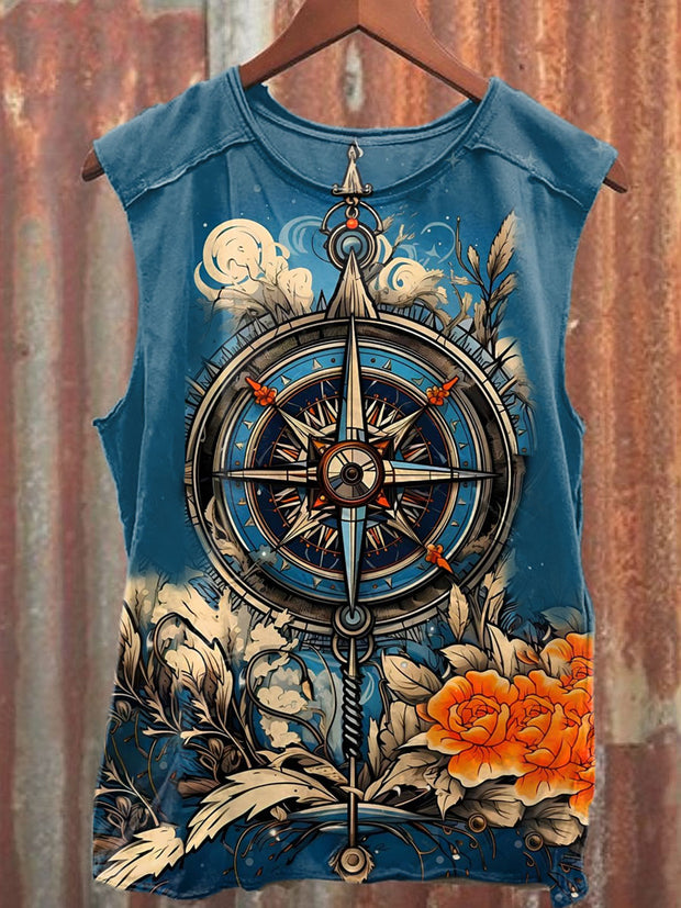 Unisex Vintage Compass Art Illustration Printed Casual Tank Top