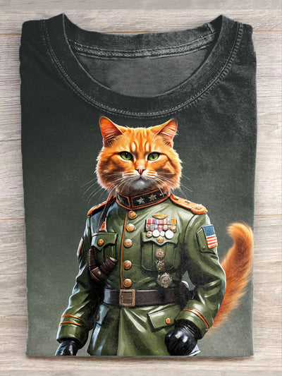 Unisex Veteran Cat Art Illustration Printed Casual Cotton Crew Neck T-Shirt