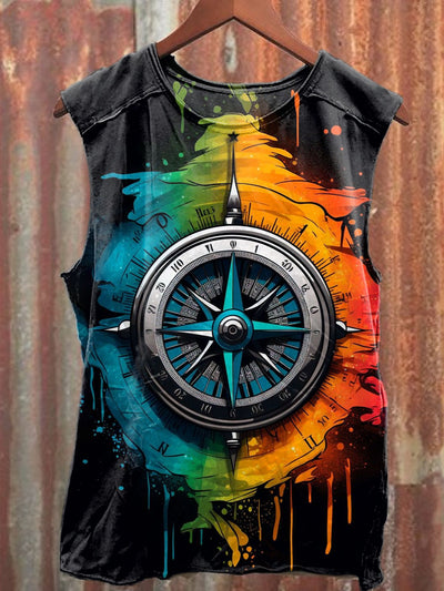 Unisex Vintage Compass Art Illustration Printed Casual Tank Top