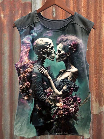 Unisex Couple Skeleton Art Illustration Printed Casual Cotton Tank Top