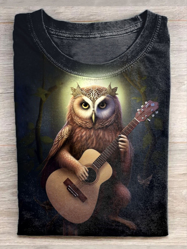 Unisex Owl Guitar Art Illustration Printed Casual Cotton Crew Neck T-Shirt