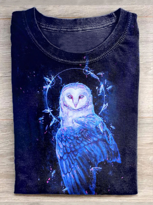 Unisex Funny Owl Art Illustration Printed Casual Cotton Crew Neck T-Shirt