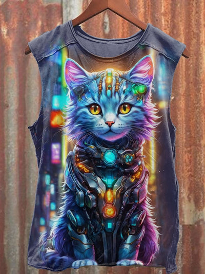 Unisex Punk Mechanical Cat Art Illustration Printed Casual Cotton Tank Top