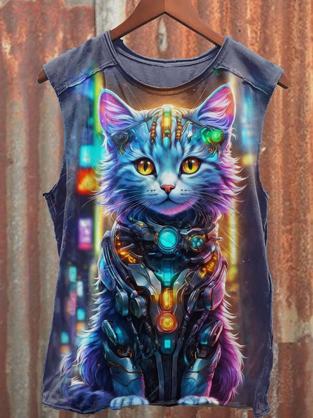 Unisex Punk Mechanical Cat Art Illustration Printed Casual Cotton Tank Top