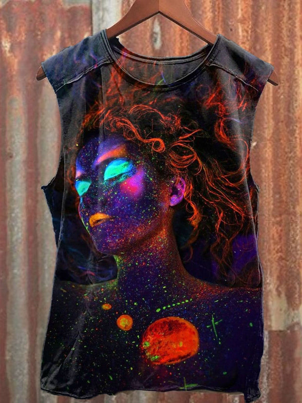 Unisex Retro Fluorescent Beauty Art Illustration Printed Casual Cotton Tank Top