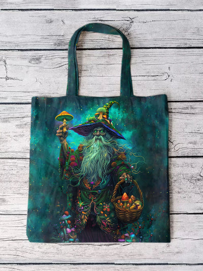 Unisex Fantasy Mushroom World Illustration Printed Cotton Canvas Bag