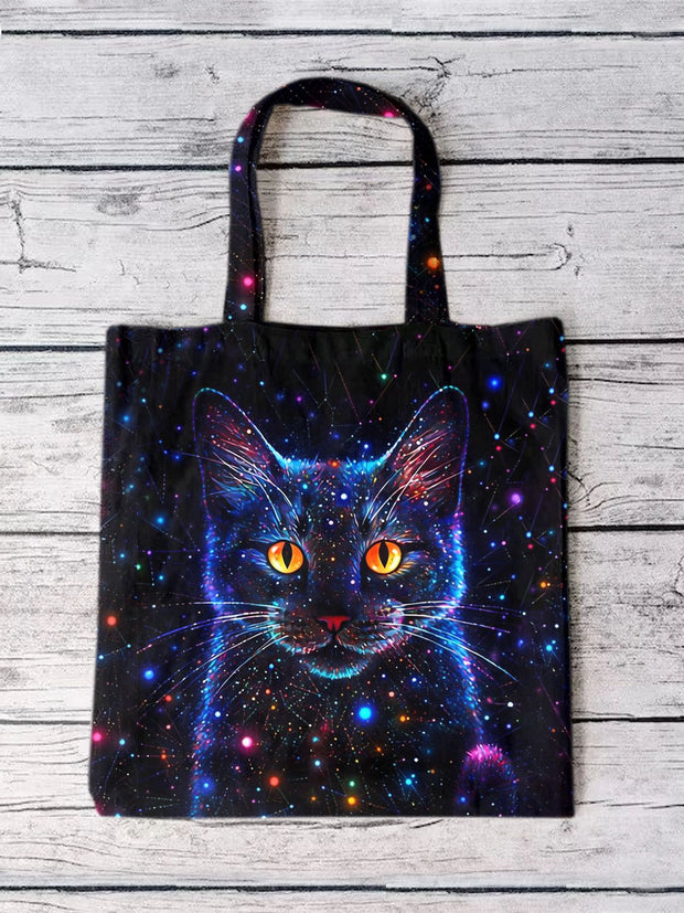 Unisex Starry Sky Cat Illustration Printed Cotton Canvas Bag