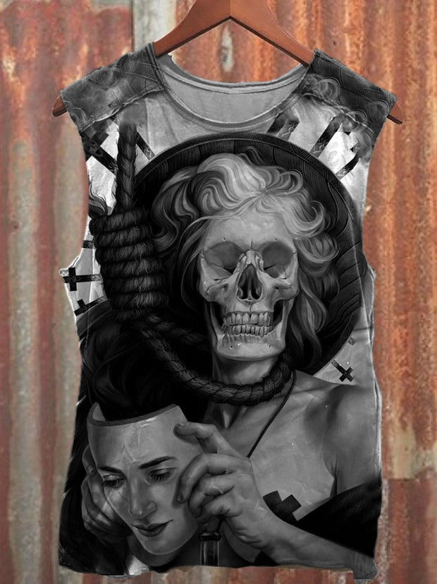 Unisex Skull Face Changing Art Illustration Printed Casual Cotton Tank Top