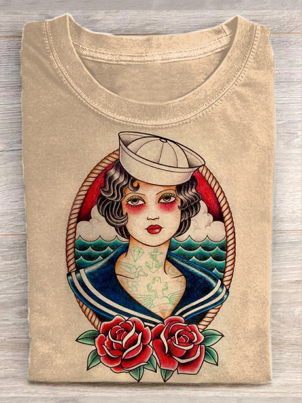 Unisex Vintage Women's Sailor Art Illustration Printed Casual Cotton T-Shirt