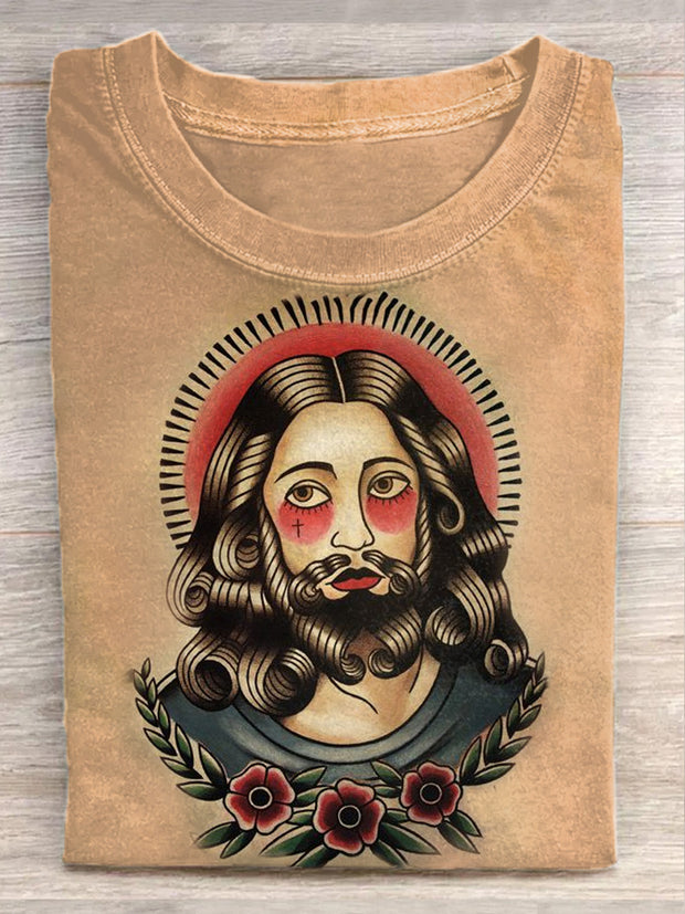 Unisex Retro Jesus Art Illustration Printed Casual Cotton Round Neck T-Shirt