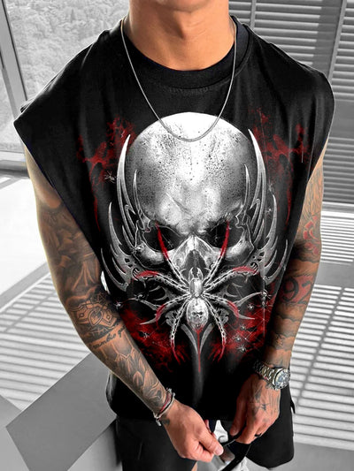 Men's Skull Spider Art Illustration Printed Casual Cotton Tank Top